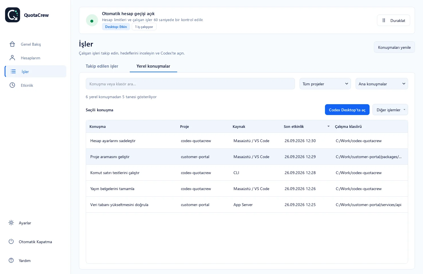 QuotaCrew local conversation history and project filters