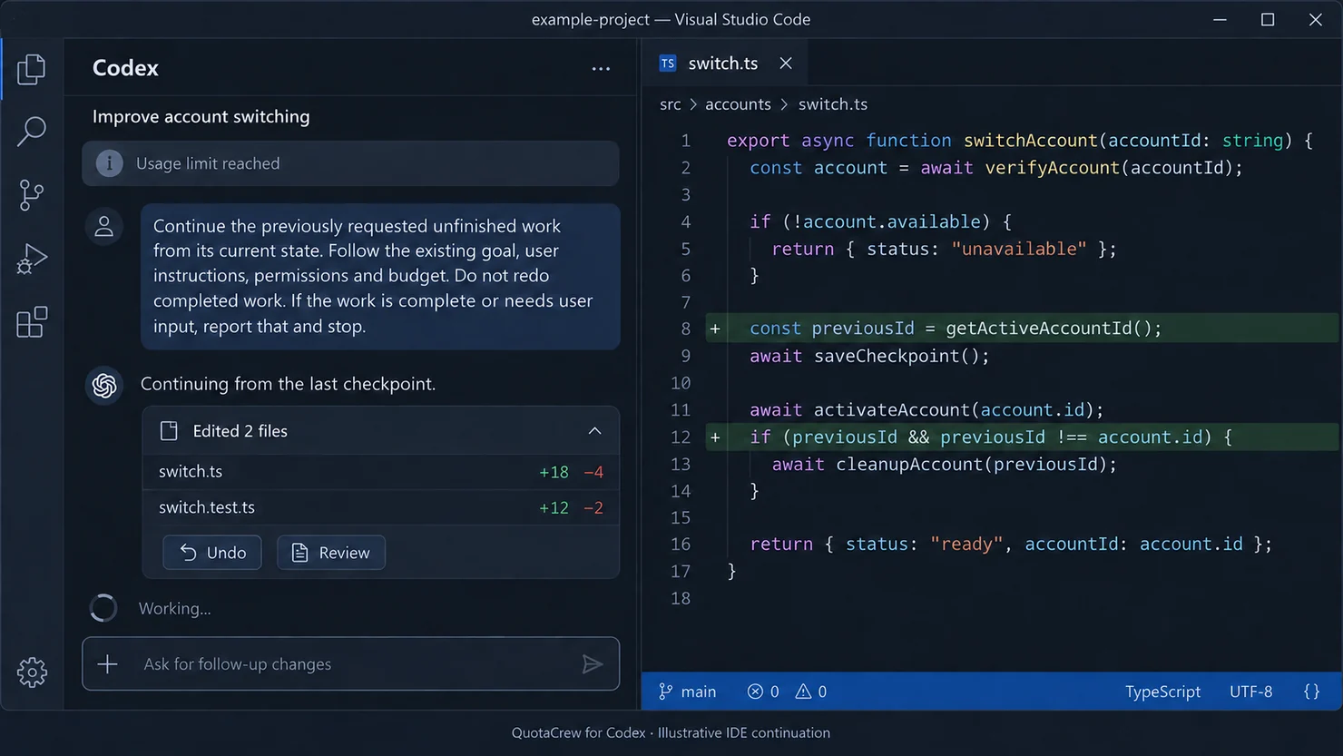 Illustration of a Codex conversation and continuation request in VS Code