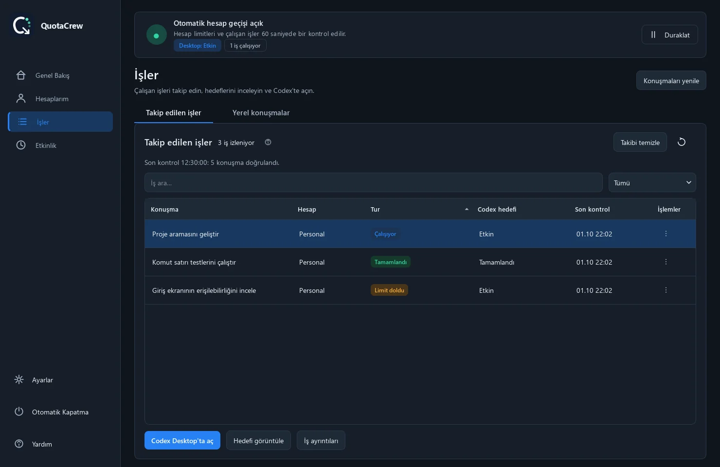 QuotaCrew Jobs page with running, completed and quota-interrupted conversations