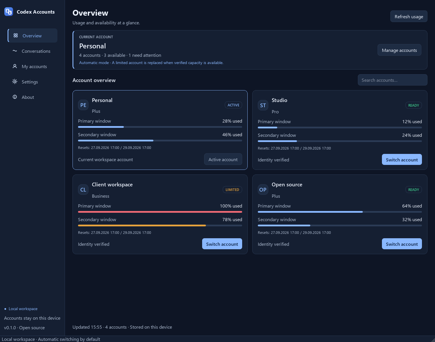 Codex Account Manager overview with synthetic example accounts