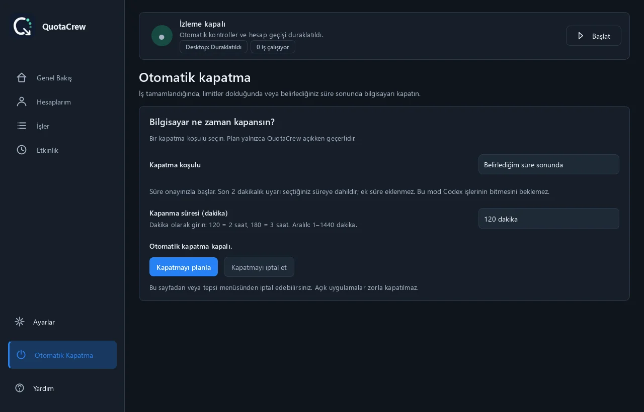 Automatic shutdown conditions and countdown in minutes, in Turkish