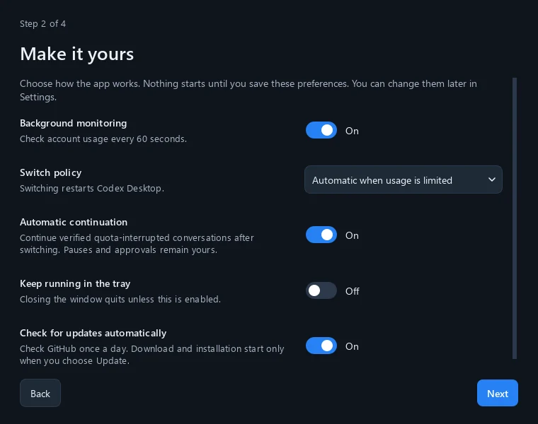 First-run monitoring, account switching and continuation preferences