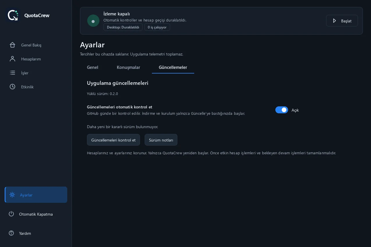 Kurulu sürüm, güncelleme kontrolü ve sürüm notları